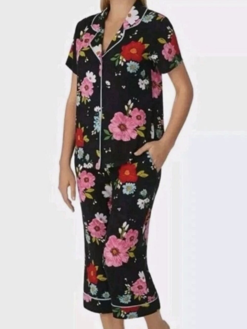 Room Service XXL Pajama Set Notch Collar Cropped Bottoms Pockets